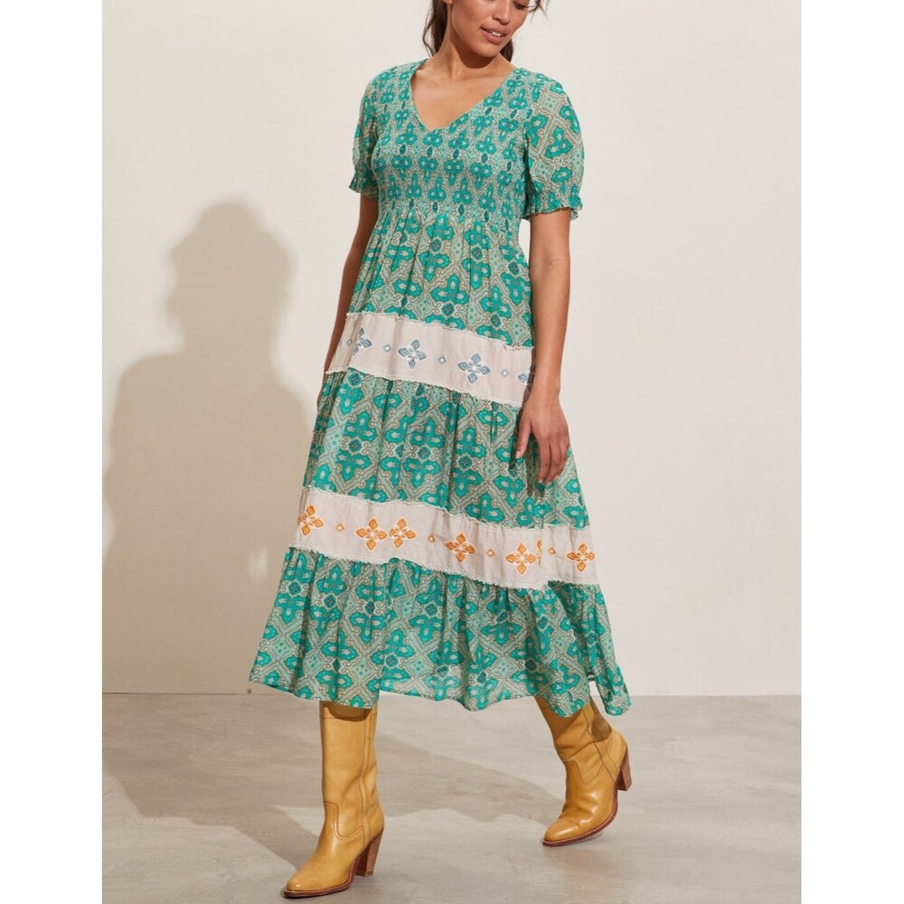 Odd Molly Anthropologie Day Printed Midi Dress Embroidered Smocked XS-0 255612